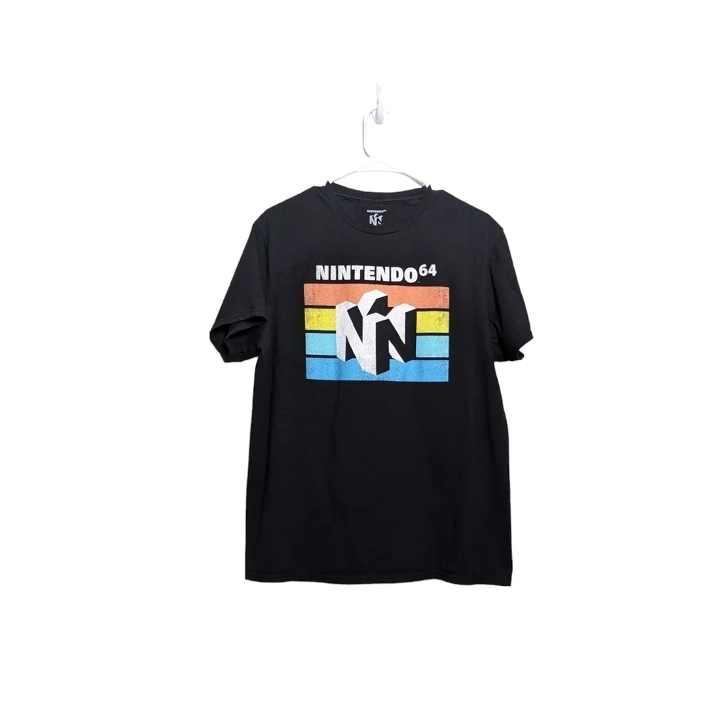 Nintendo 64 Black T-Shirt N64 Logo Over Stripes Men's Large Vintage Look EUC